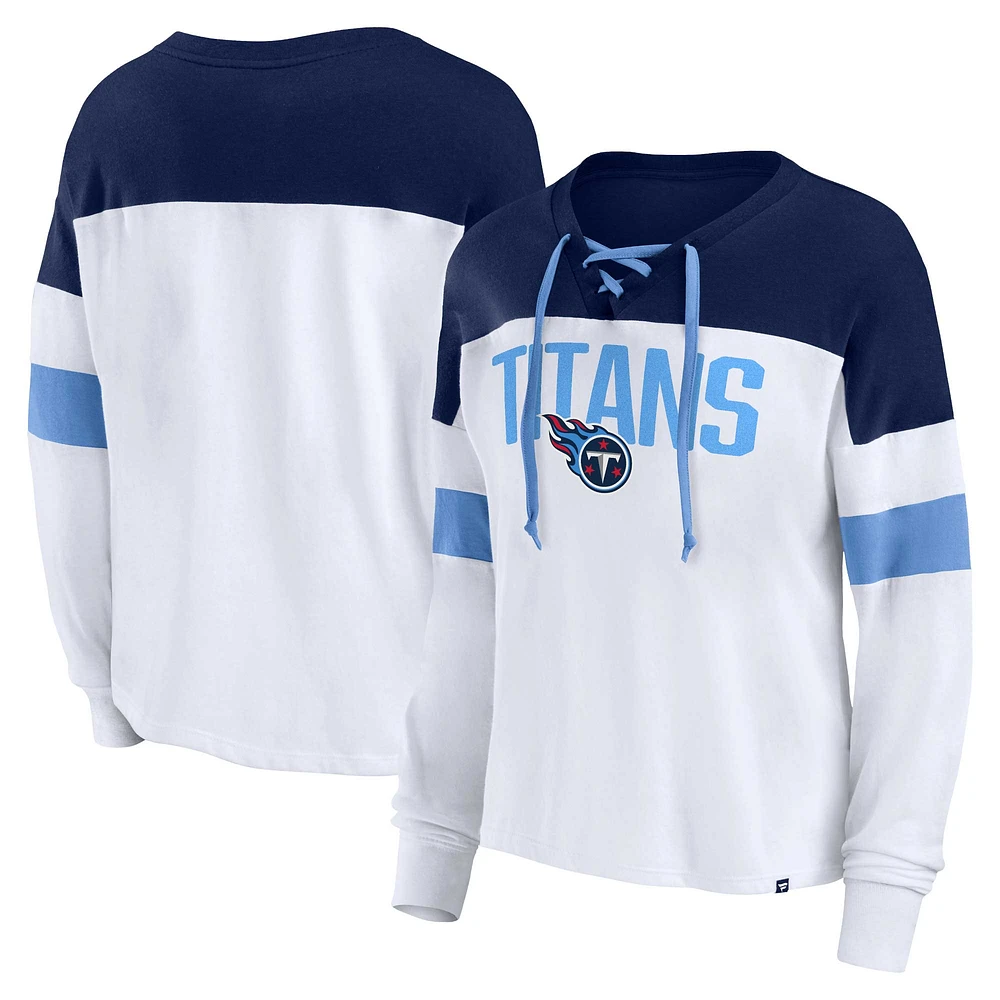 T-shirt à manches longues et col en V Fanatics pour femmes, blanc/marine, Tennessee Titans, grande taille, même match, lacets