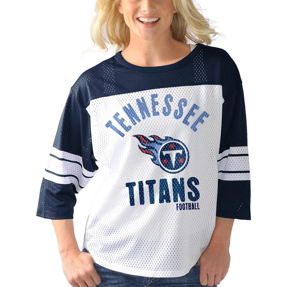 Women's G-III 4Her by Carl Banks White/Navy Tennessee Titans First Team 3/4-Sleeve Mesh T-Shirt