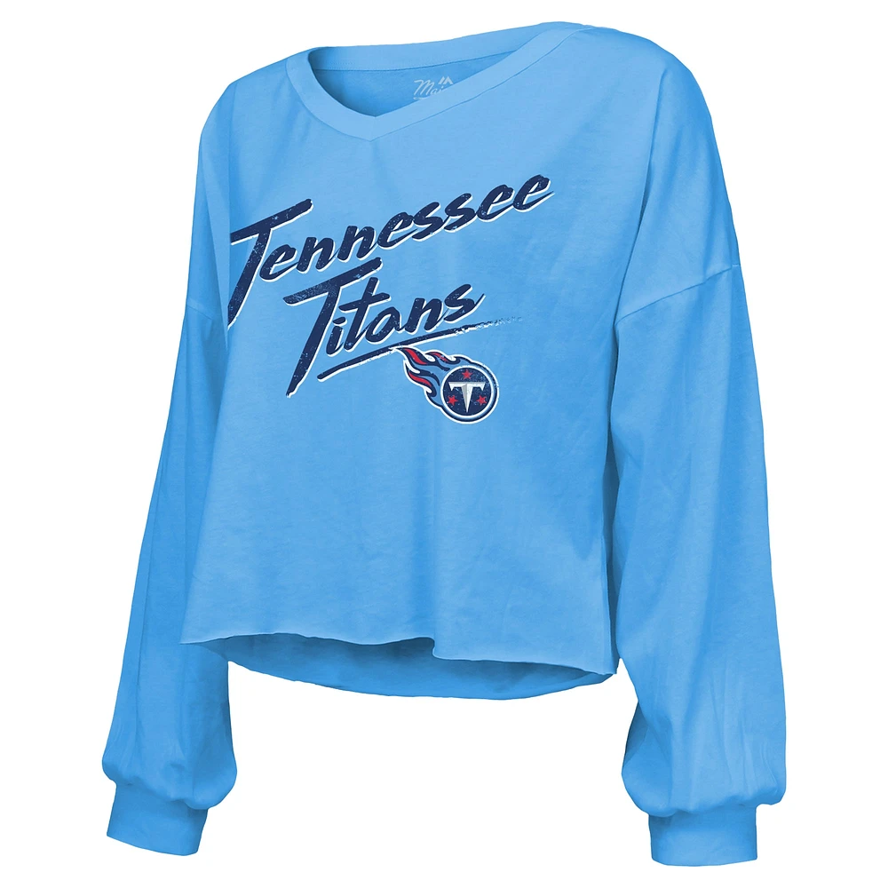 Women's Majestic Threads Cam Ward Light Blue Tennessee Titans 2025 NFL Draft First Round Pick Off-Shoulder Script Name & Number V-Neck T-Shirt