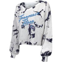 Women's Majestic Threads White/Navy Tennessee Titans Off-Shoulder Tie-Dye V-Neck Long Sleeve T-Shirt