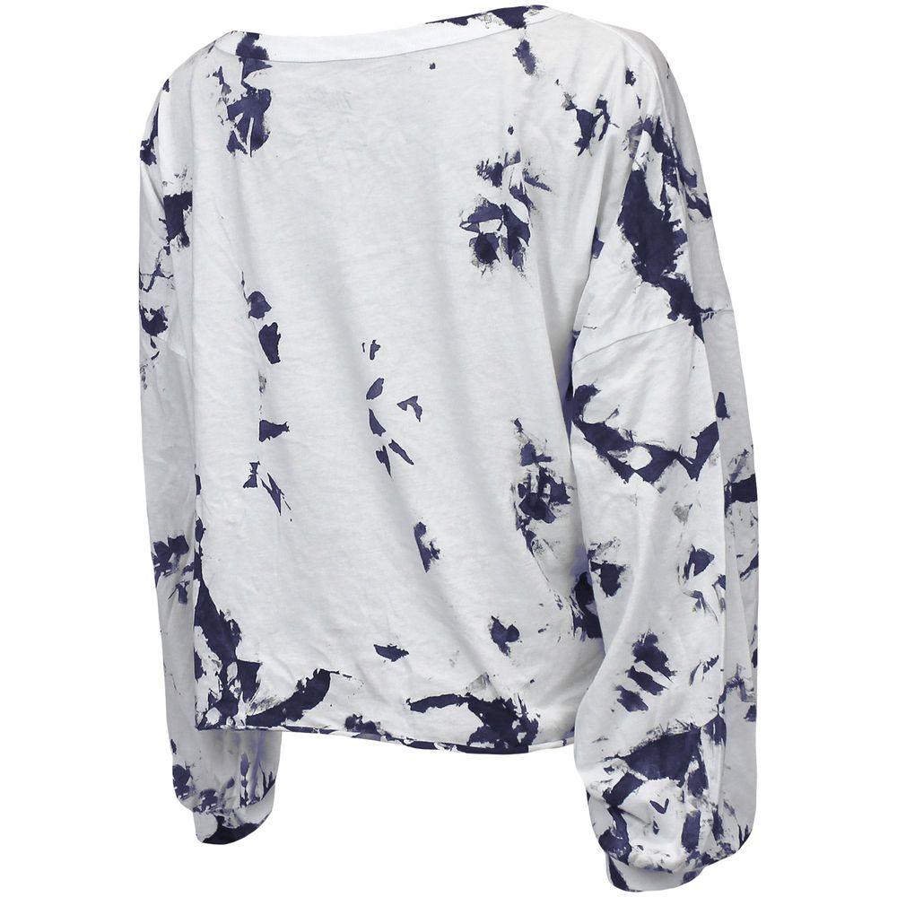 Women's Majestic Threads White/Navy Tennessee Titans Off-Shoulder Tie-Dye V-Neck Long Sleeve T-Shirt