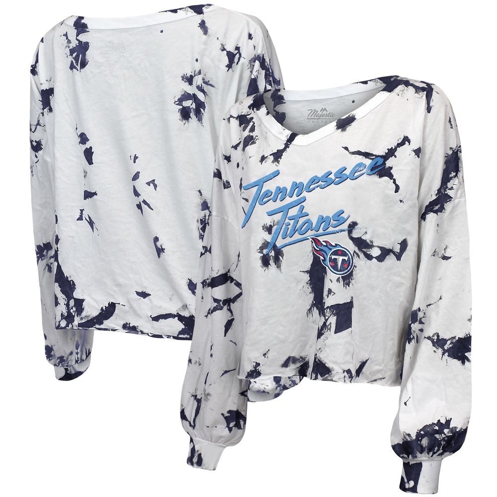 Women's Majestic Threads White/Navy Tennessee Titans Off-Shoulder Tie-Dye V-Neck Long Sleeve T-Shirt