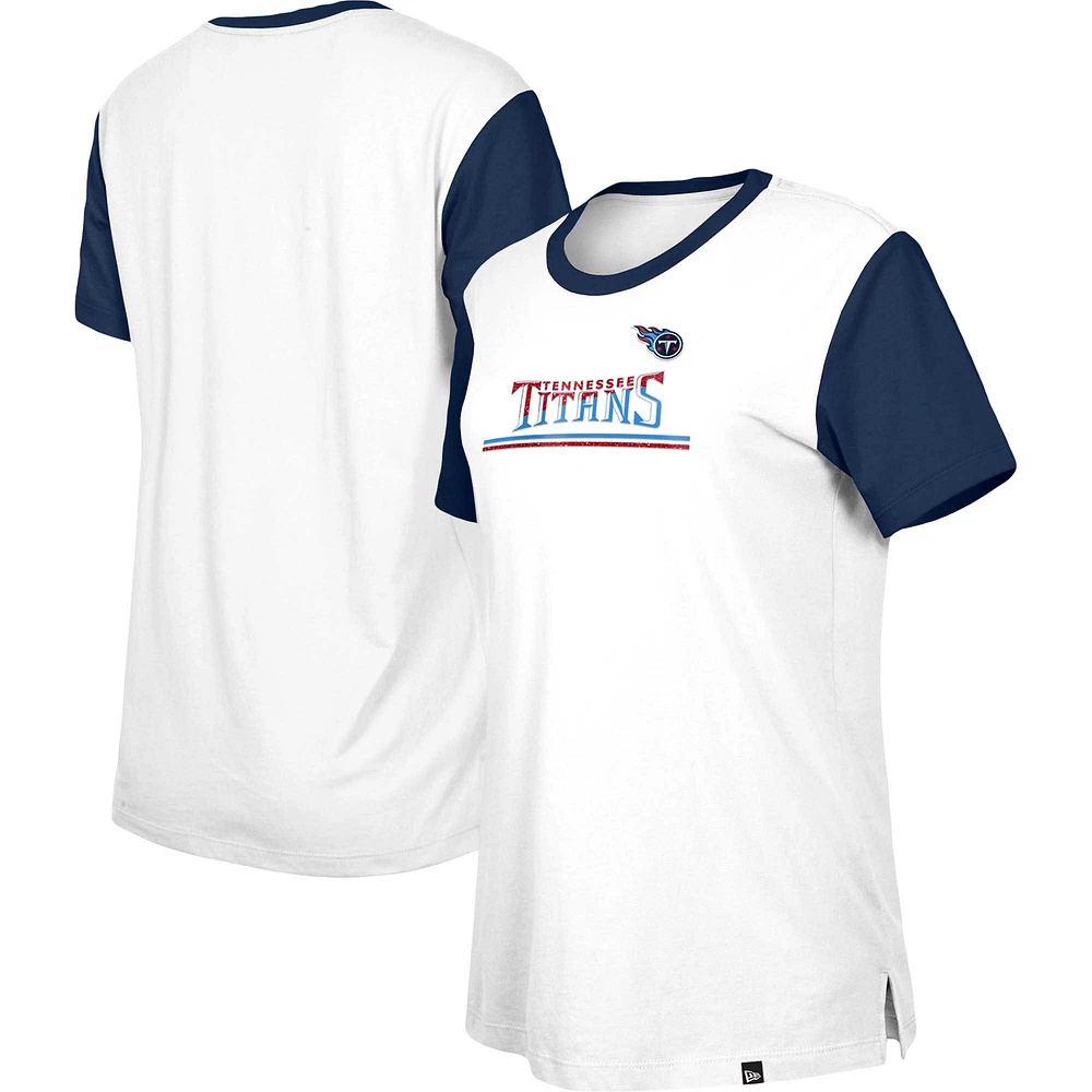 T-shirt à couleurs contrastées Third Down des Tennessee Titans New Era pour femme, blanc/bleu marine