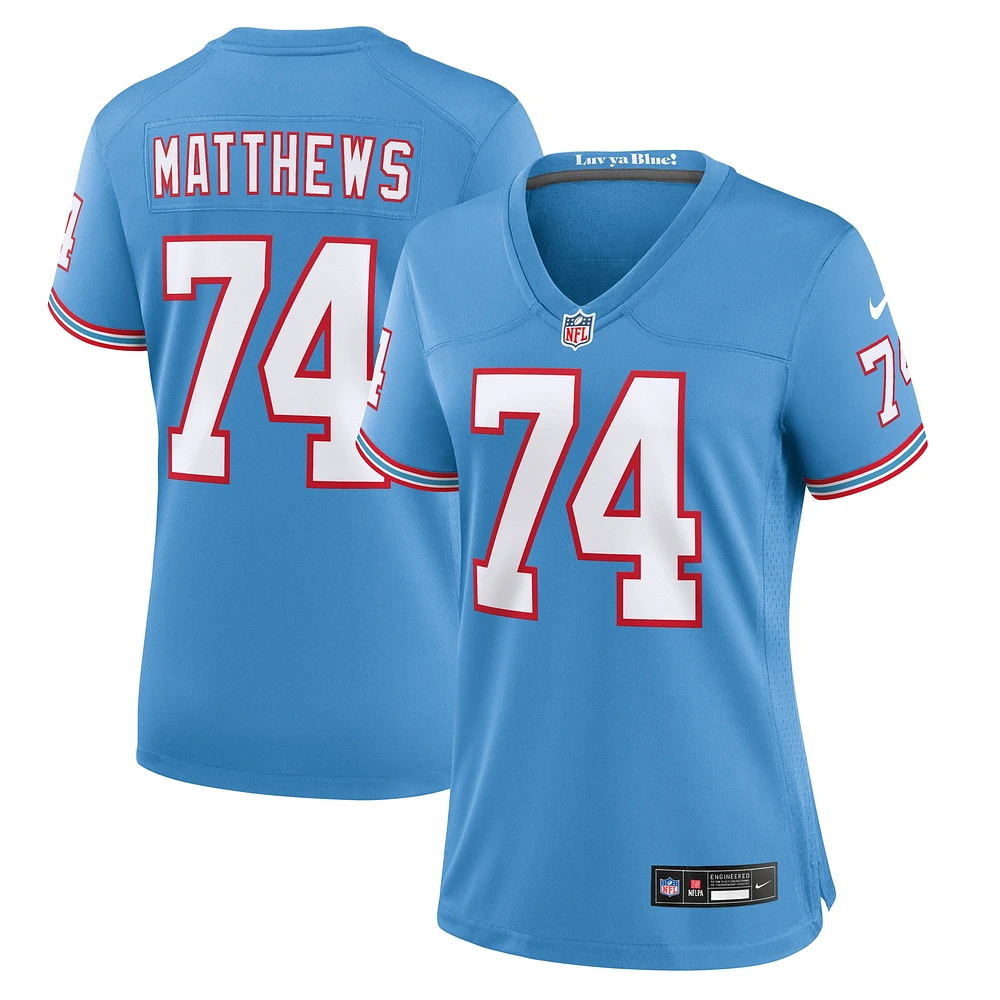 Maillot de jeu joueur à la retraite Nike Bruce Matthews pour femme, bleu clair, Tennessee Titans Oilers