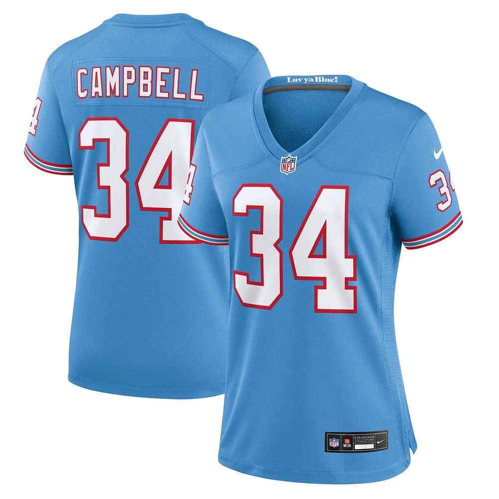 Maillot de jeu pour joueur retraité Nike Earl Campbell bleu clair Tennessee Titans Oilers Throwback femme