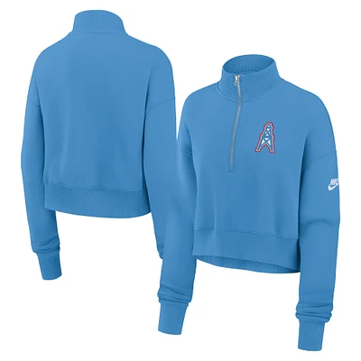 Sweat-shirt court à demi-zip Nike bleu clair Tennessee Titans Oilers Throwback Rewind Phoenix pour femme