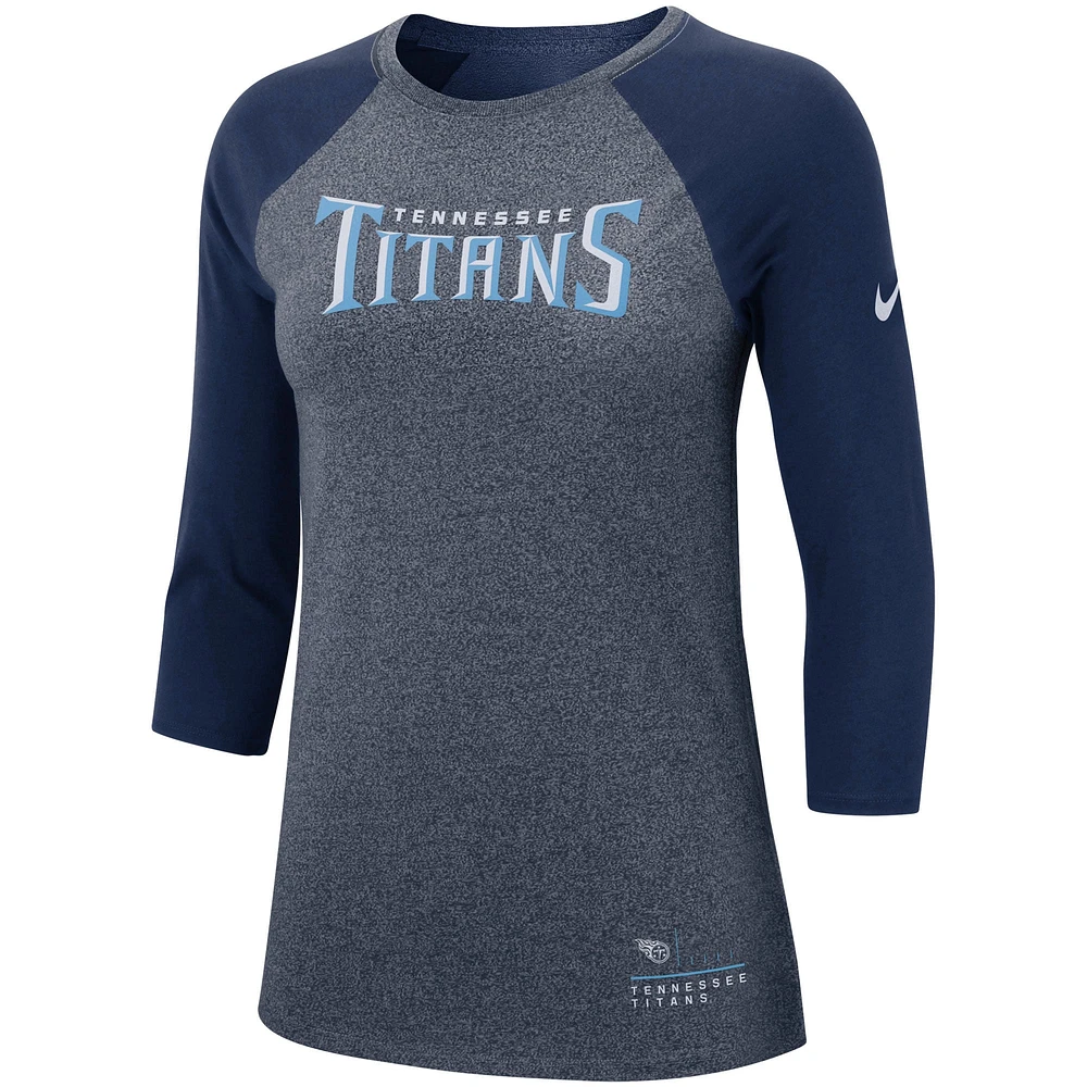 T-shirt raglan chiné à manches 3/4 avec logo Nike pour femme, bleu marine, Tennessee Titans Current