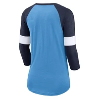 T-shirt à manches 3/4 raglan Nike Tennessee Titans pour femme Bleu clair/Bleu marine chiné Football Pride