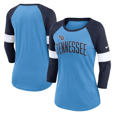 T-shirt à manches 3/4 raglan Nike Tennessee Titans pour femme Bleu clair/Bleu marine chiné Football Pride