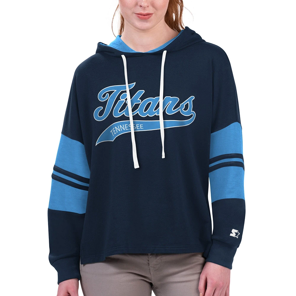 Women's Starter Navy Tennessee Titans Bump And Run Long Sleeve Hoodie T-Shirt