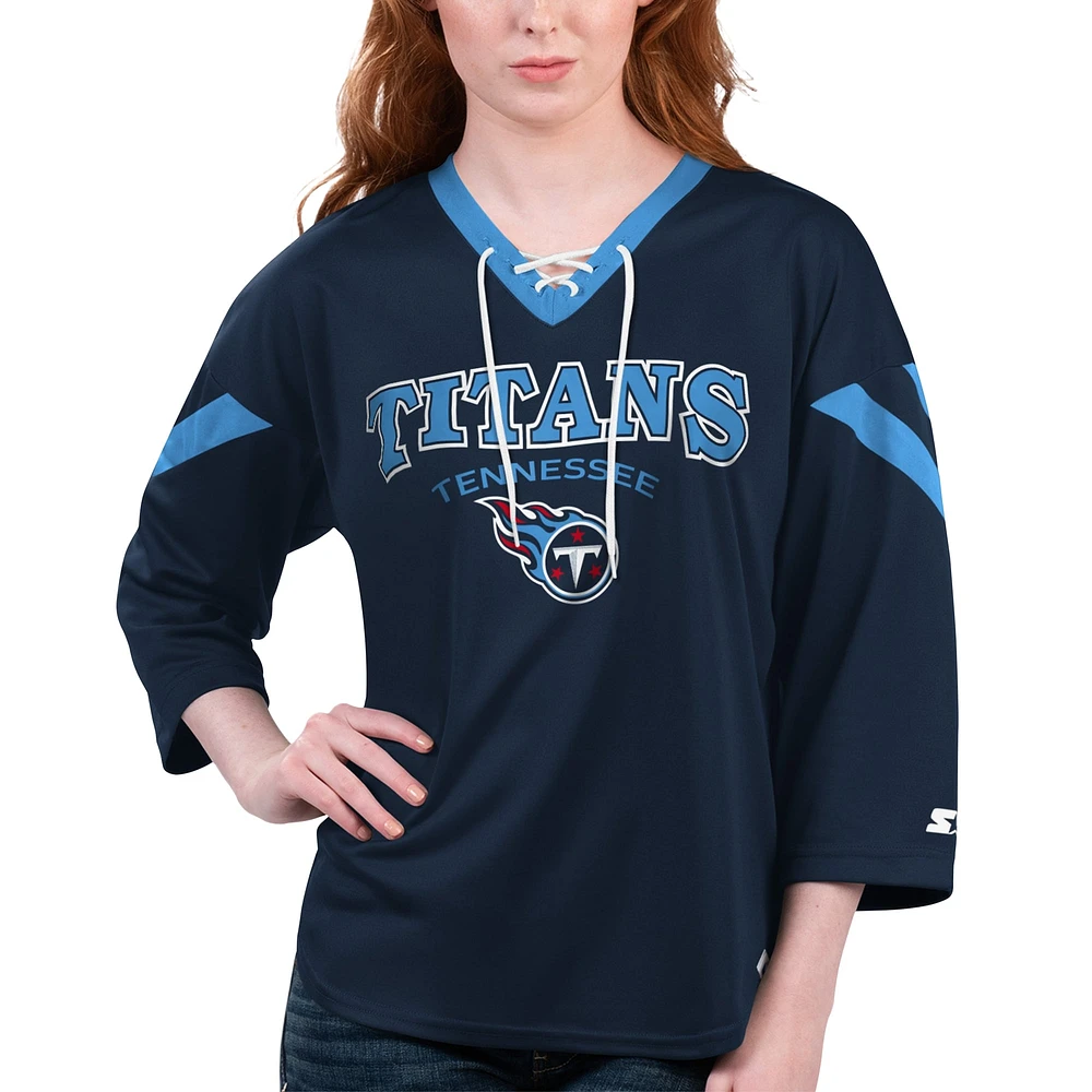 Women's Starter Navy Tennessee Titans Rally Lace-Up 3/4 Sleeve T-Shirt