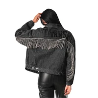 Women's The Wild Collective  Black Tennessee Titans Denim Sequin Fringe Button-Up Jacket