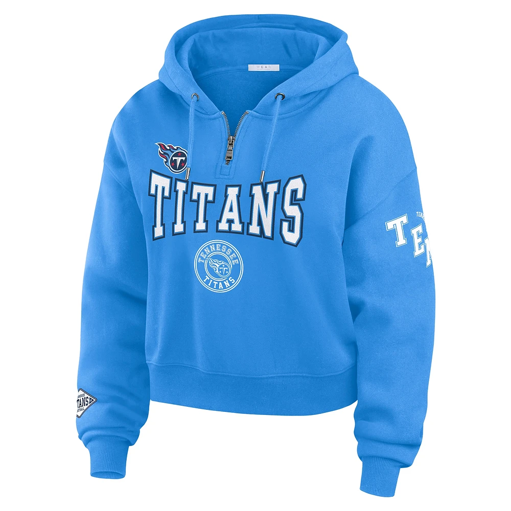 Women's WEAR by Erin Andrews Light Blue Tennessee Titans Patch Quarter-Zip Pullover Hoodie