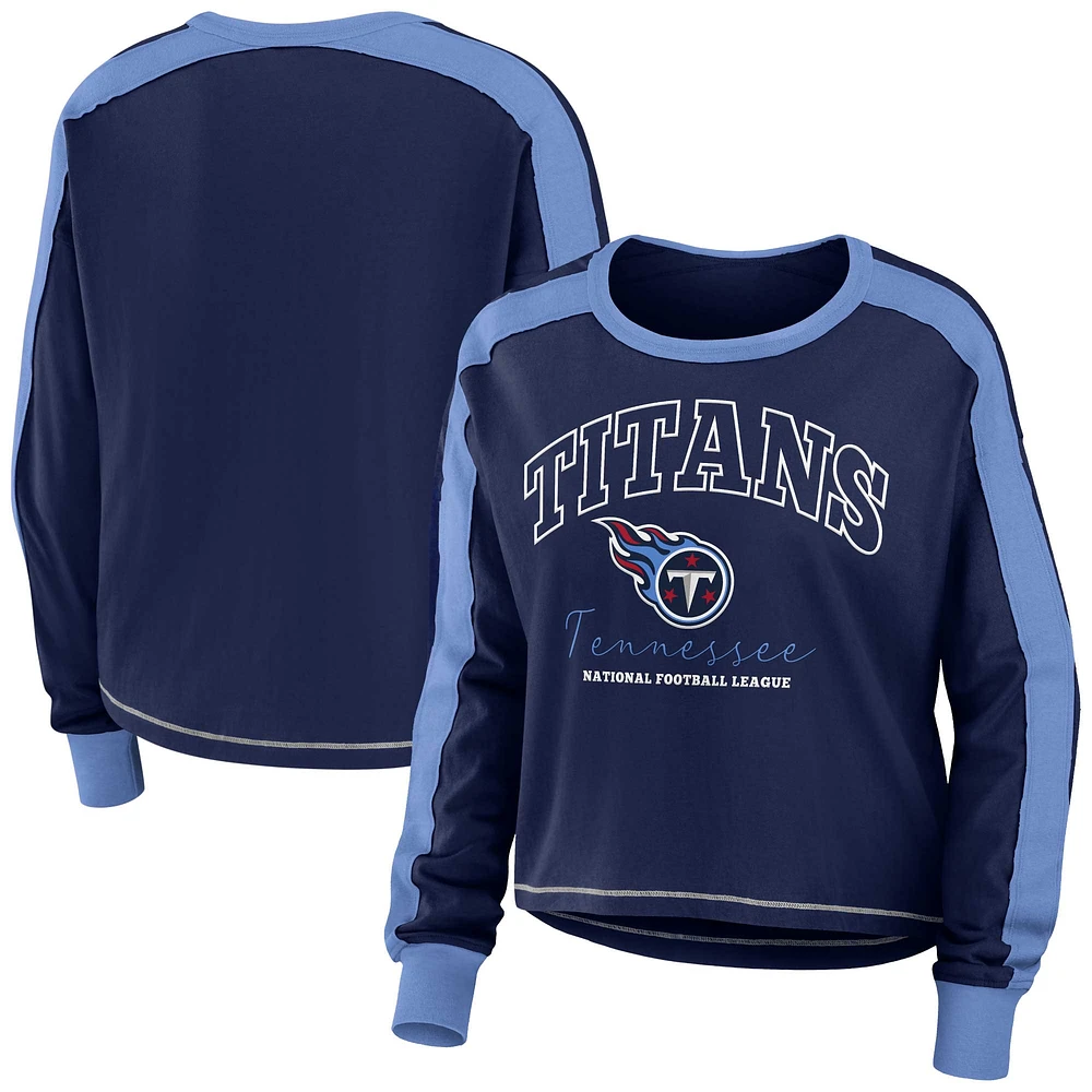 Women's WEAR by Erin Andrews Navy/Light Blue Tennessee Titans Color Block Modest Crop Long Sleeve T-Shirt