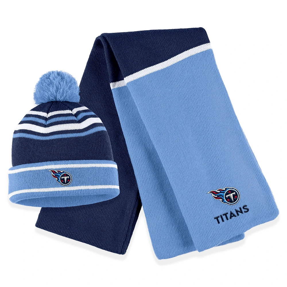 Women's WEAR by Erin Andrews Navy Tennessee Titans Colorblock Cuffed Knit Hat with Pom and Scarf Set