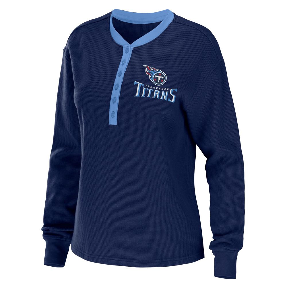 Women's WEAR by Erin Andrews Navy Tennessee Titans Waffle Henley Long Sleeve T-Shirt