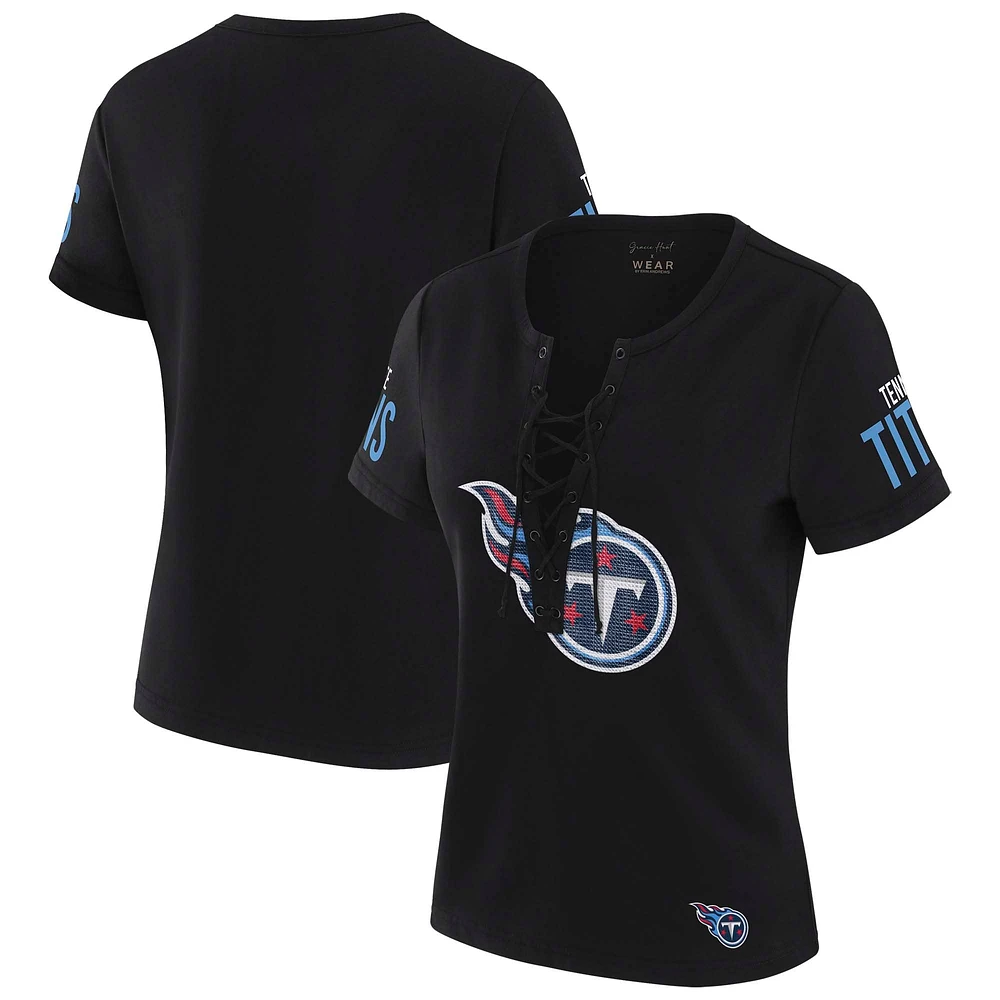 Women's WEAR by Erin Andrews x Gracie Hunt Black Tennessee Titans Draft Me Lace-Up T-Shirt