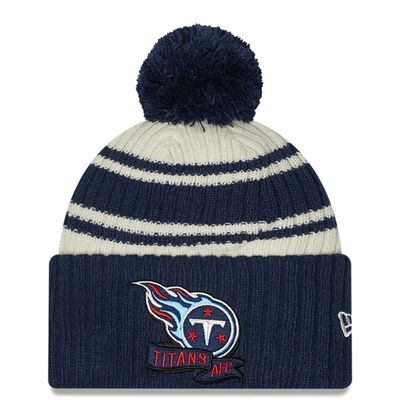 Youth New Era Cream/Navy Tennessee Titans 2022 Sideline - Sport Cuffed Pom Knit Hat