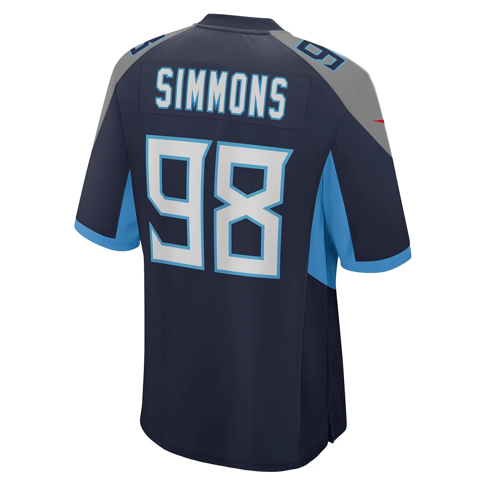 Maillot de match Nike Jeffery Simmons bleu marine des Titans du Tennessee pour jeunes