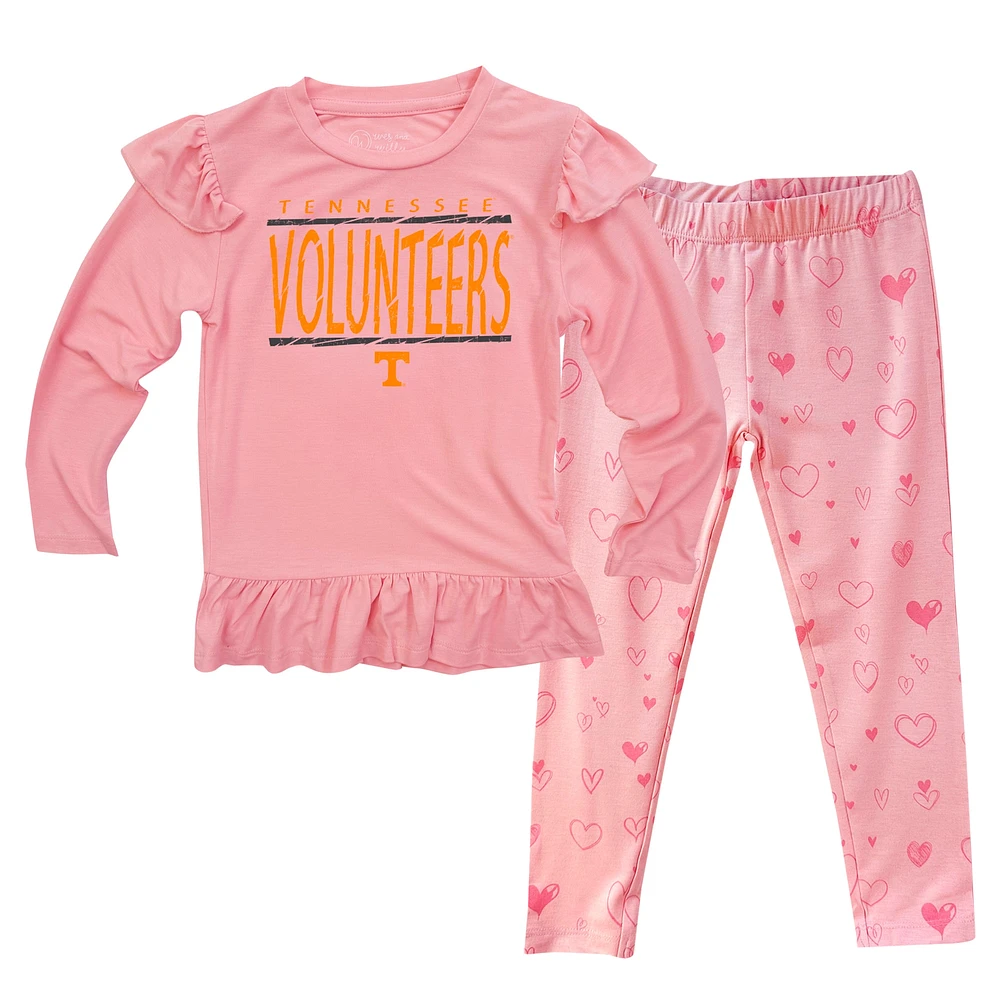 Ensemble de nuit pour bébé Wes & Willy Pink Tennessee Volunteers avec t-shirt à manches longues volants et pantalon imprimé cœur