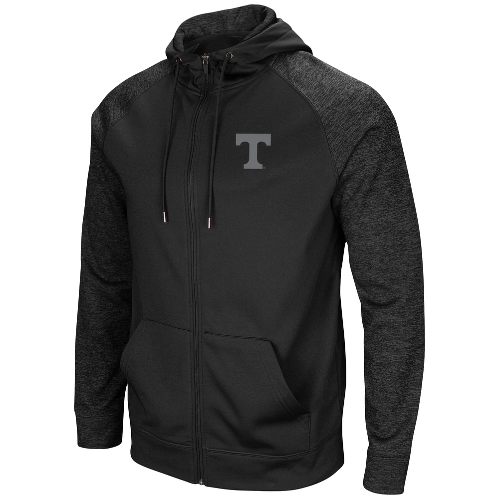 Men's Colosseum Black Tennessee Volunteers Blackout 3.0 Tonal Raglan Full-Zip Hoodie
