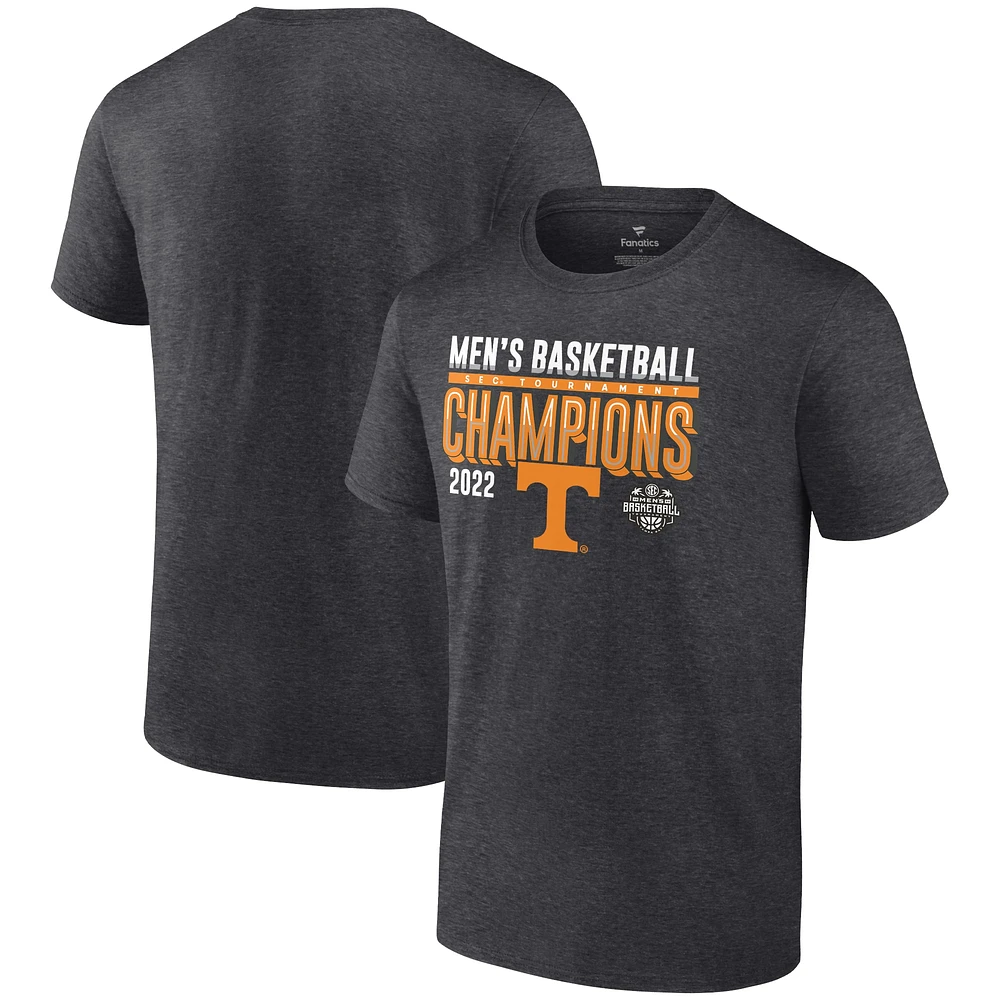 T-shirt des vestiaires champions du tournoi de conférence basket-ball masculin Fanatics Heathered Charcoal Tennessee Volunteers 2022 SEC