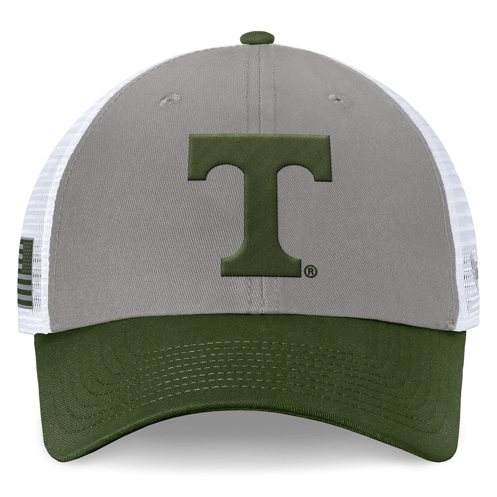 Men's Top of the World Gray/Green Tennessee Volunteers OHT Military Appreciation Badge Trucker Adjustable Hat