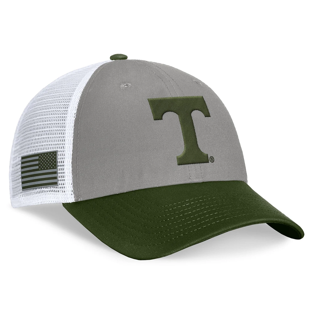 Men's Top of the World Gray/Green Tennessee Volunteers OHT Military Appreciation Badge Trucker Adjustable Hat