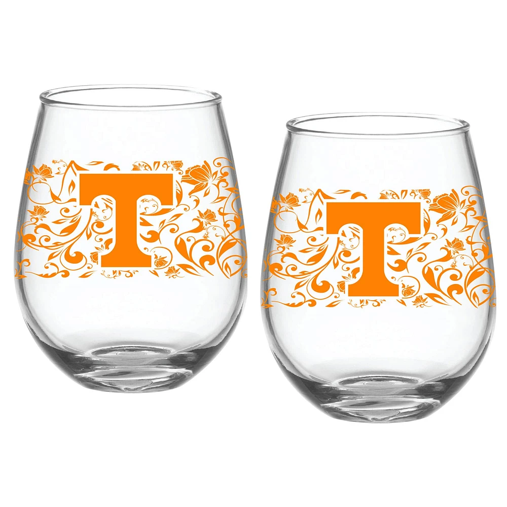 Tennessee Volunteers Lot de deux 15oz. Ensemble de verres floraux sans pied