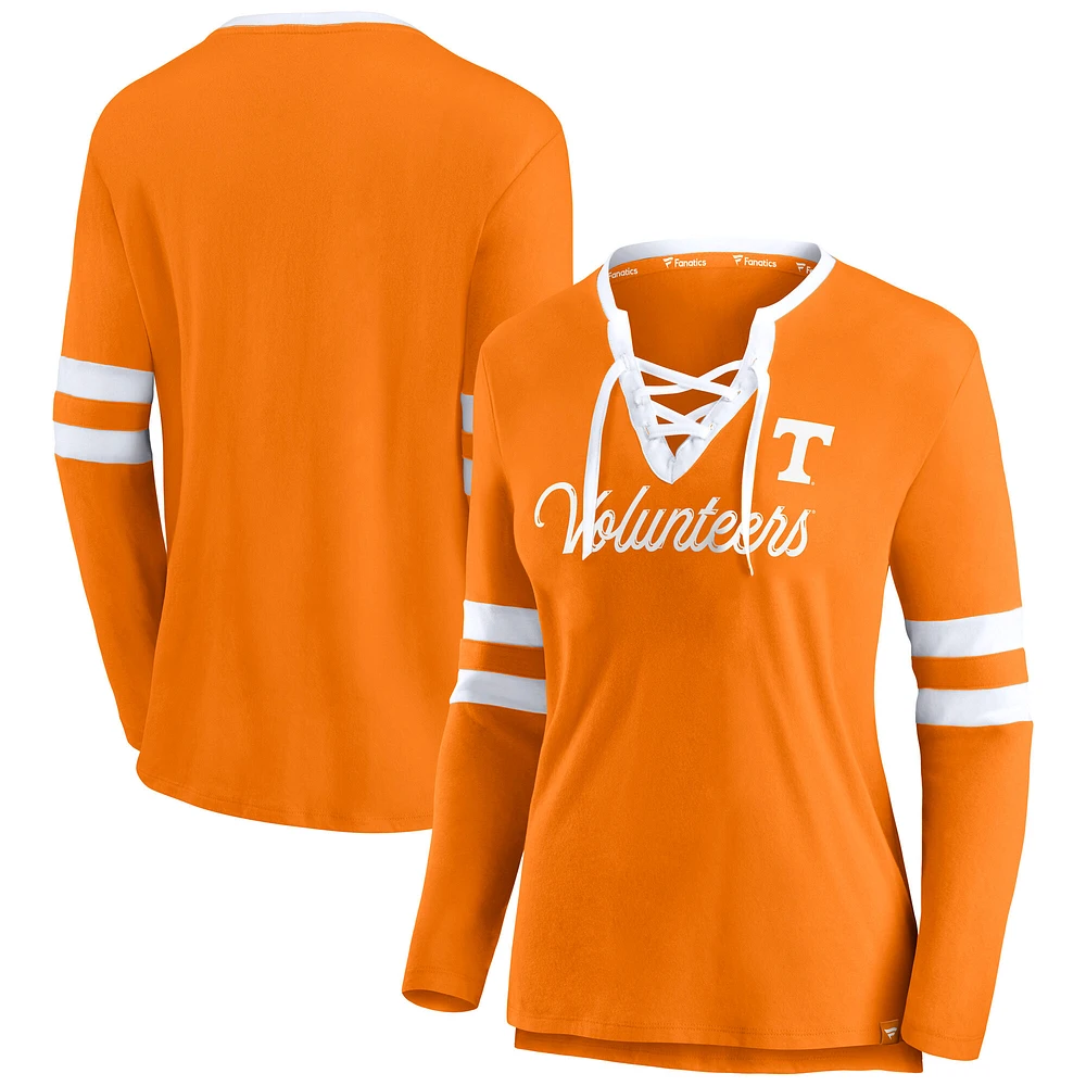Women's Fanatics  Tennessee Orange Volunteers Block Party Script Lace-Up V-Neck Long Sleeve T-Shirt