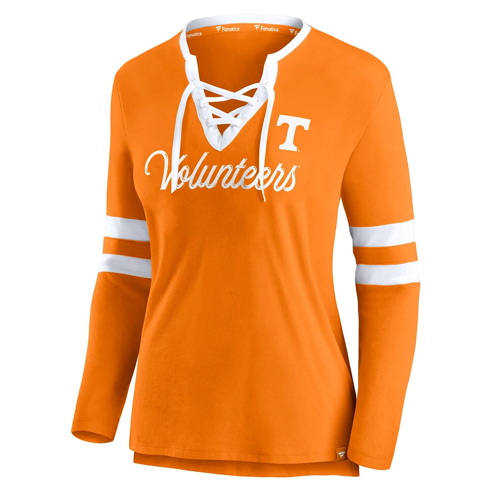Women's Fanatics  Tennessee Orange Volunteers Block Party Script Lace-Up V-Neck Long Sleeve T-Shirt