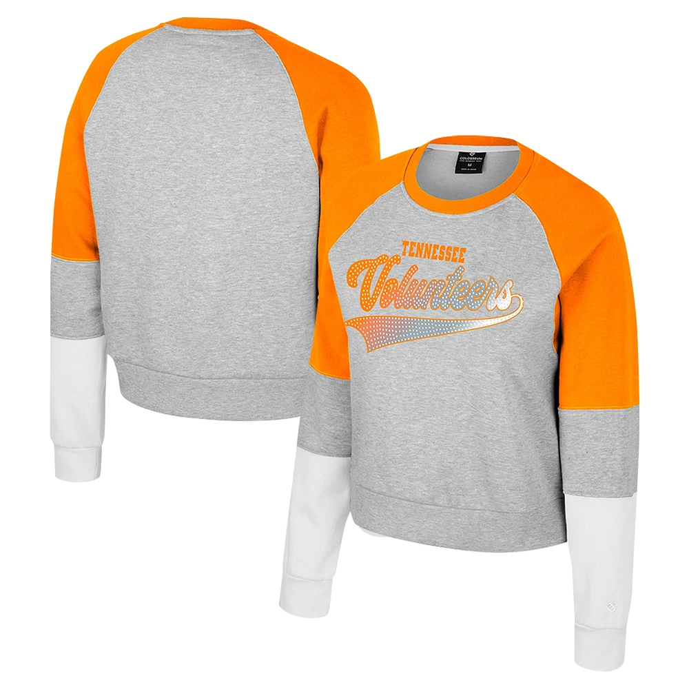 Women's Colosseum Heather Gray Tennessee Volunteers Katinka Rhinestone Scoop Neck Pullover Sweatshirt