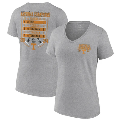 Women's Fanatics Heather Gray Tennessee Volunteers 2024 NCAA Men's Baseball College World Series Champions Schedule V-Neck T-Shirt