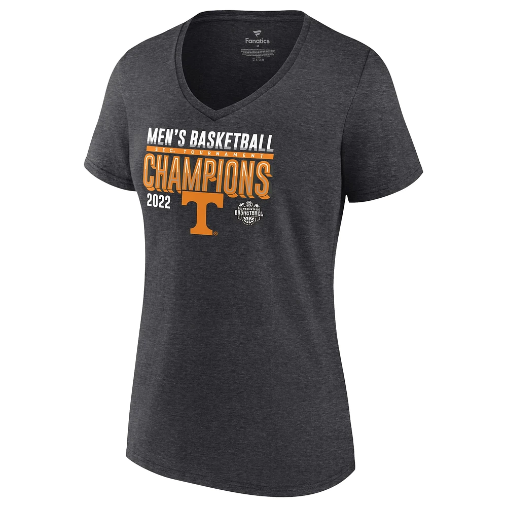 Women's Fanatics Heathered Charcoal Tennessee Volunteers 2022 SEC Men's Basketball Conference Tournament Champions Locker Room V-Neck T-Shirt