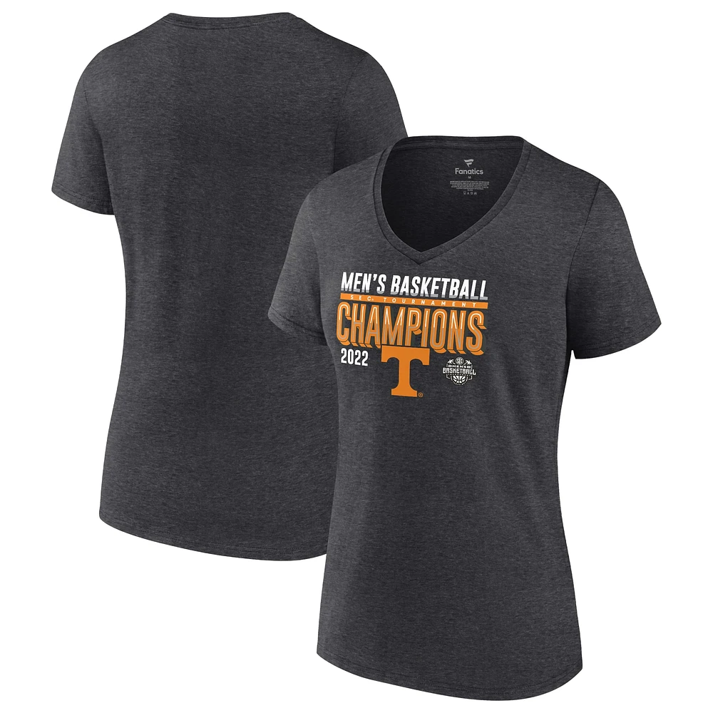 Women's Fanatics Heathered Charcoal Tennessee Volunteers 2022 SEC Men's Basketball Conference Tournament Champions Locker Room V-Neck T-Shirt