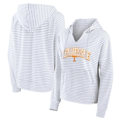 Women's Fanatics White/Gray Tennessee Volunteers Arch Logo Striped Notch Neck Pullover Hoodie