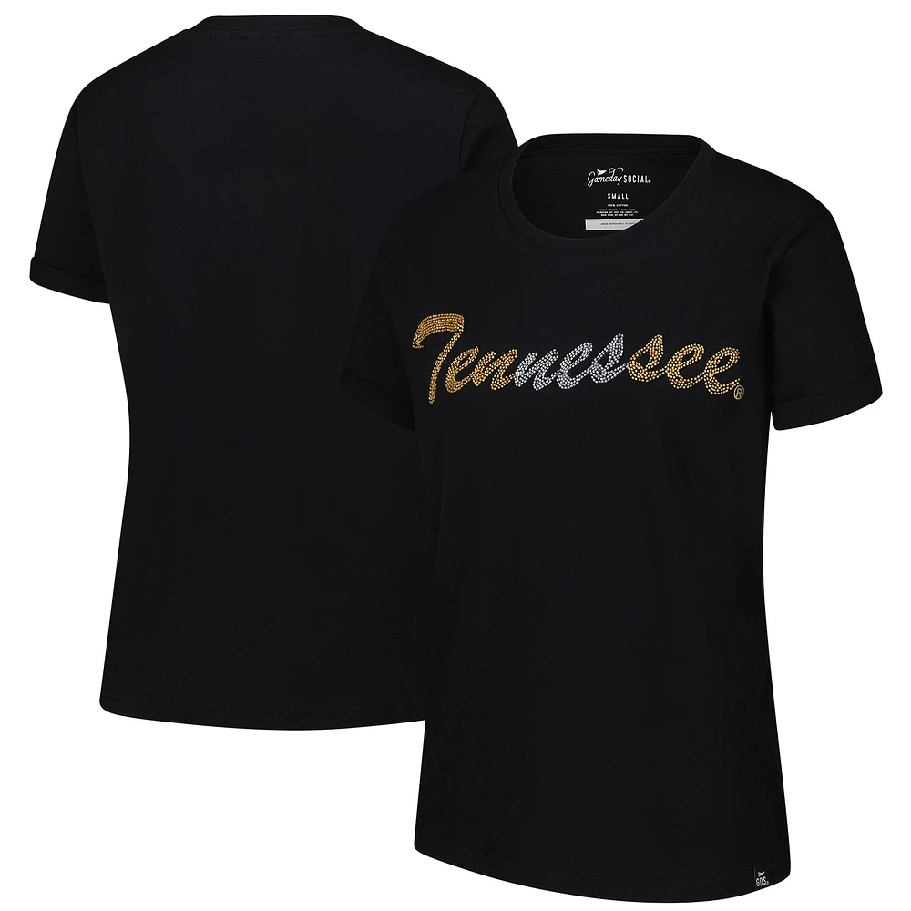 T-shirt noir cousu à la main avec inscription en perles des Tennessee Volunteers pour femmes