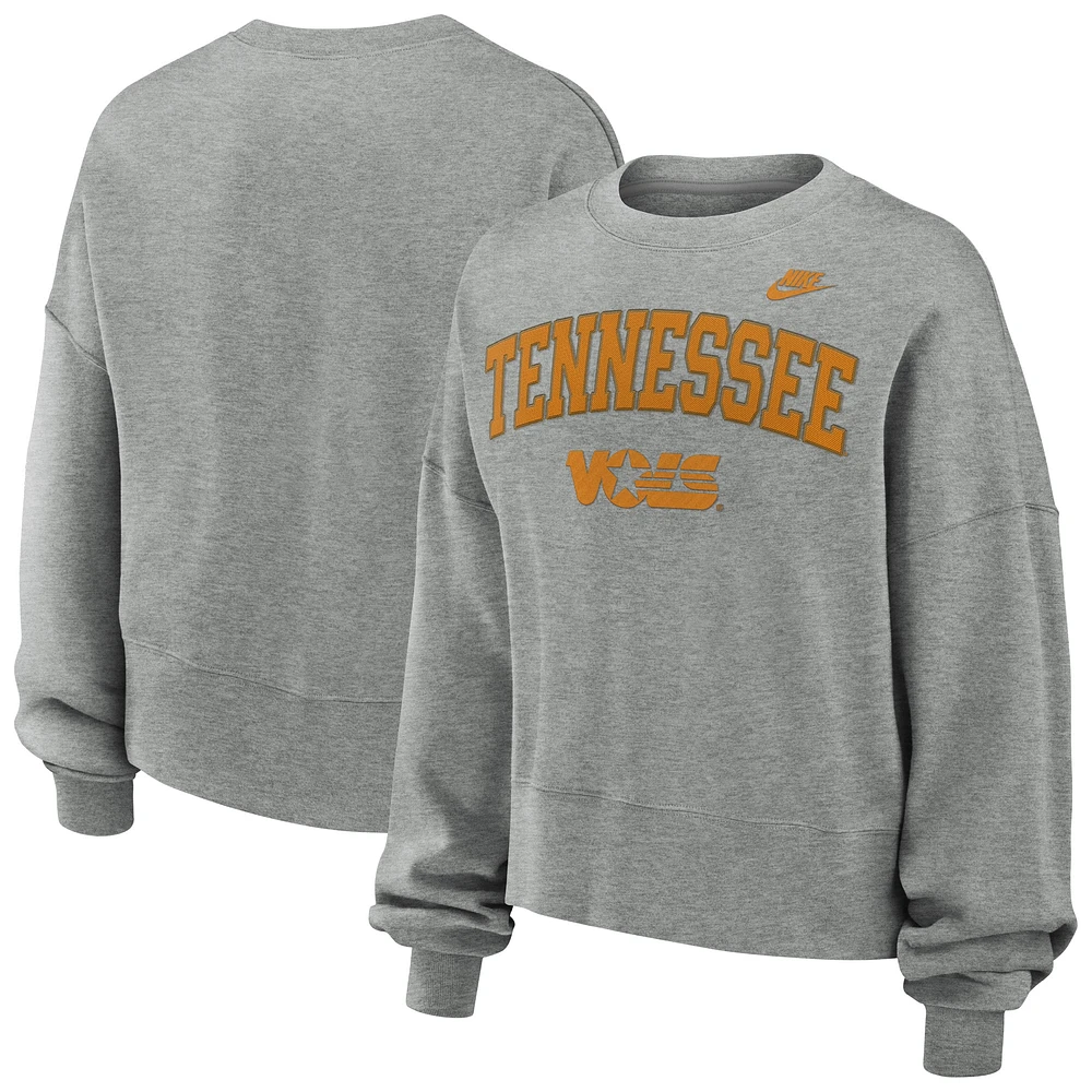 Women's Nike Heather Gray Tennessee Volunteers Legacy Fleece Classic Arch Oversized Cropped Tackle Twill Sweatshirt