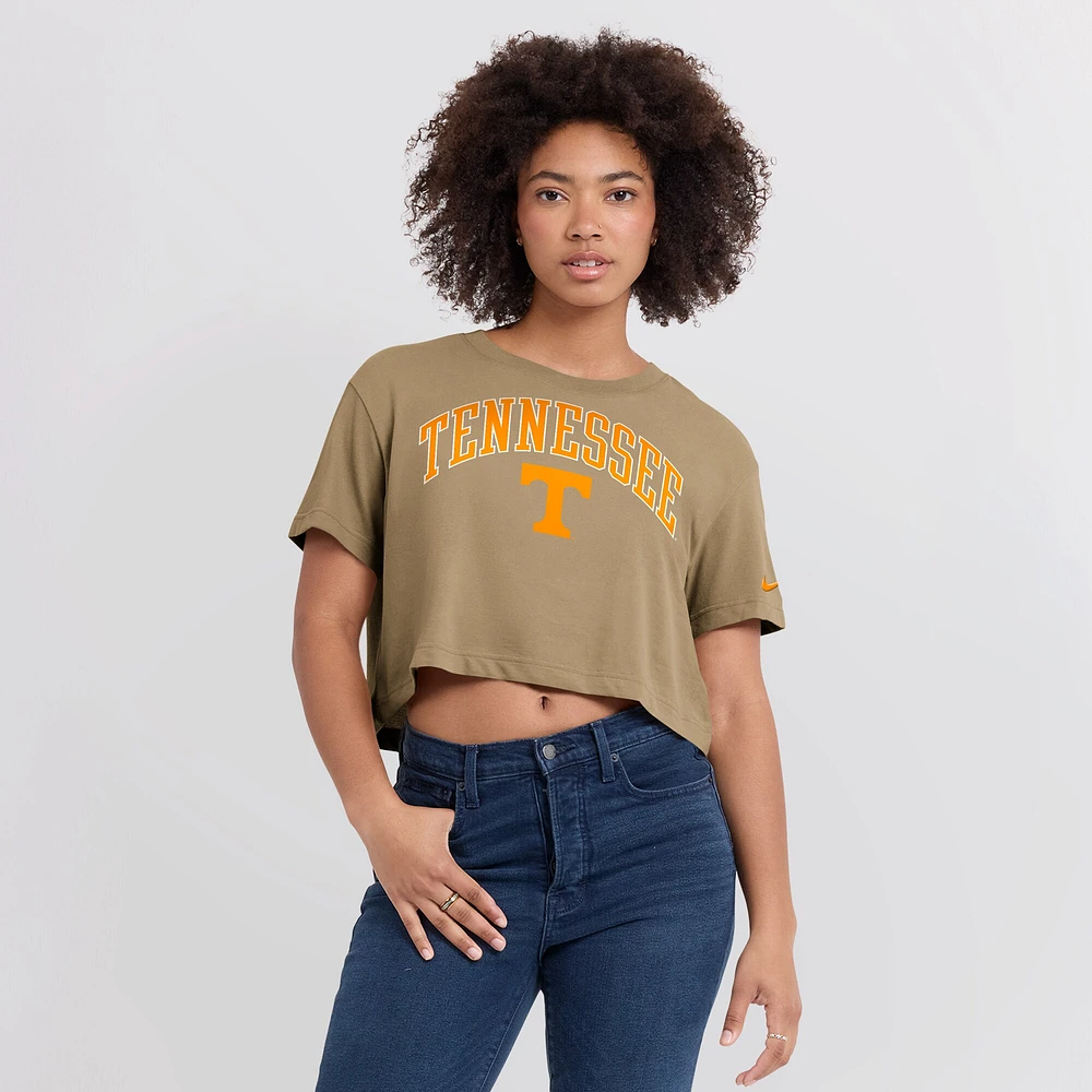 Women's Nike Tan Tennessee Volunteers Power Pursuit Athletic Prep Arch Performance Cropped T-Shirt