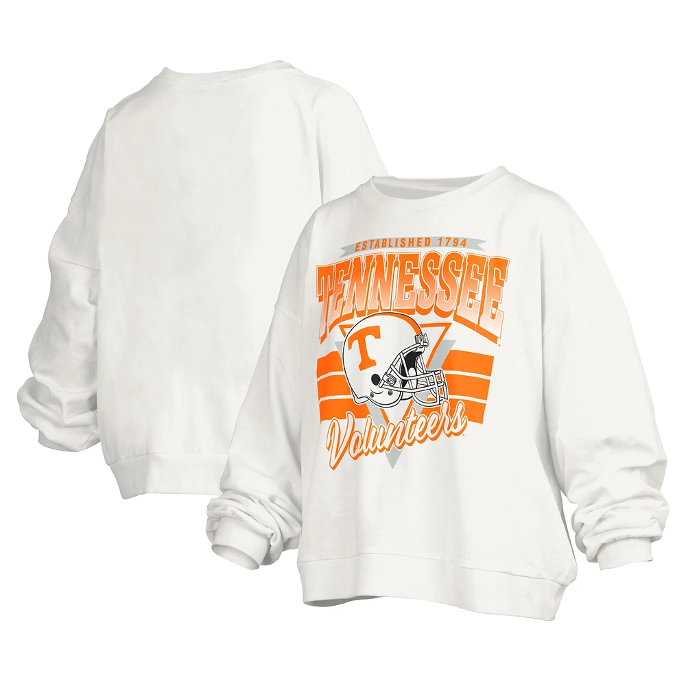 Women's Pressbox White Tennessee Volunteers Janice Retro Logo Oversized Pullover Sweatshirt