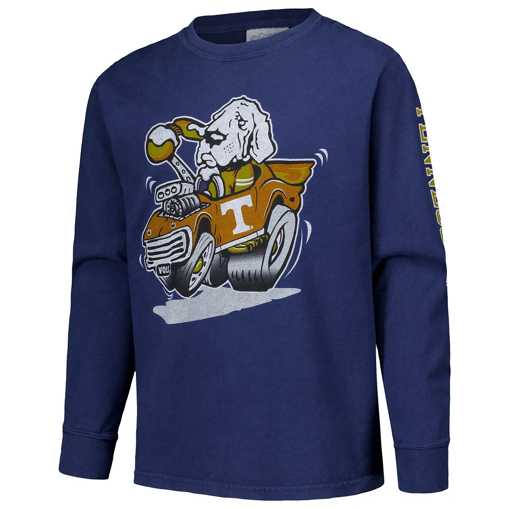 T-shirt à manches longues pour jeunes ComfortWash, mascotte des volontaires du Tennessee, voiture de course, bleu marine