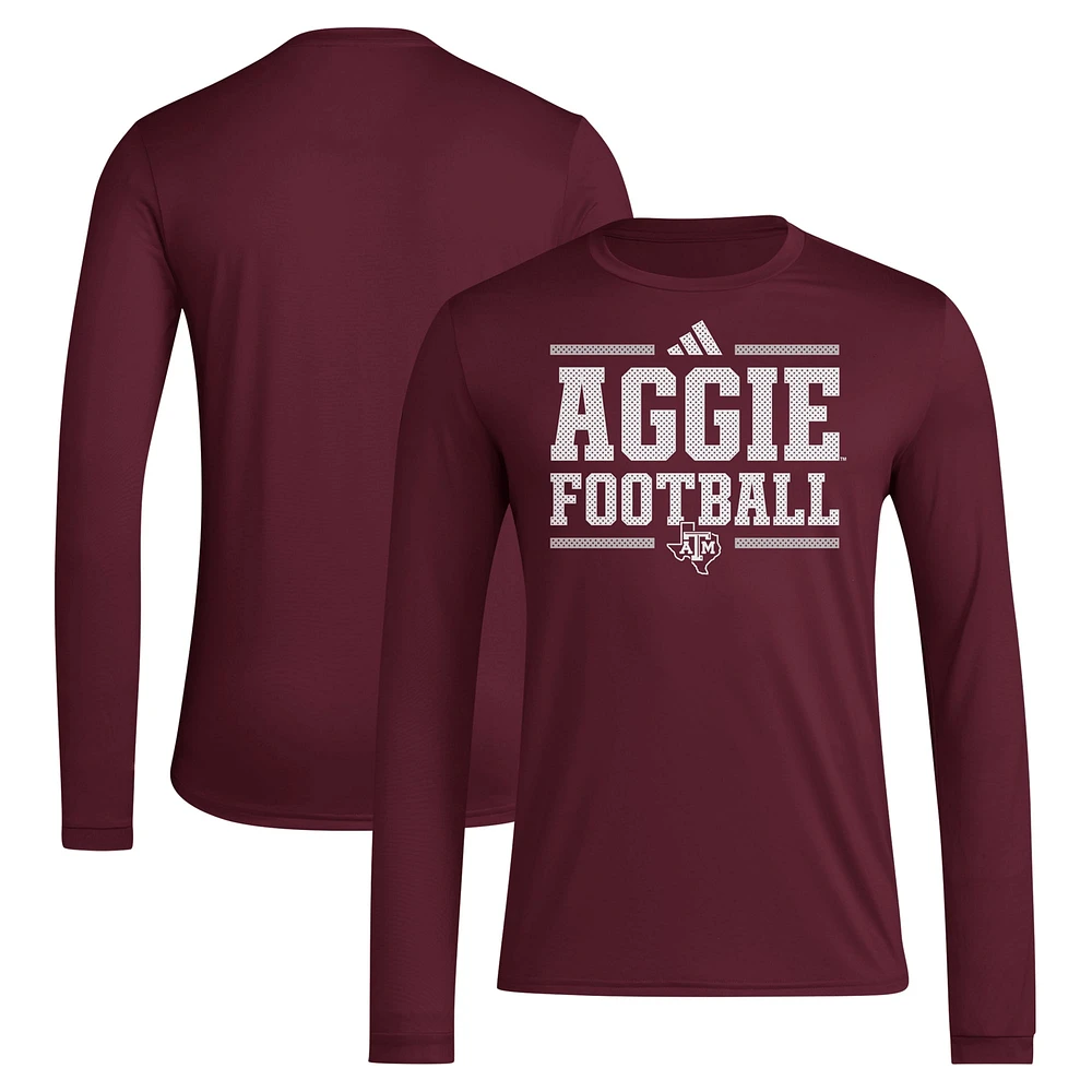 T-shirt à manches longues adidas Maroon Texas A&M Aggies Locker Football Pre-Game AEROREADY pour hommes