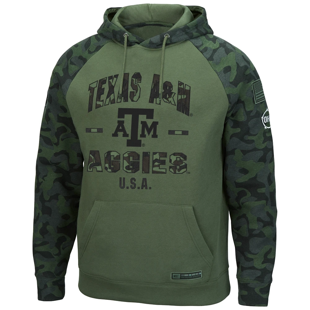 Men's Colosseum Olive/Camo Texas A&M Aggies OHT Military Appreciation Raglan Pullover Hoodie