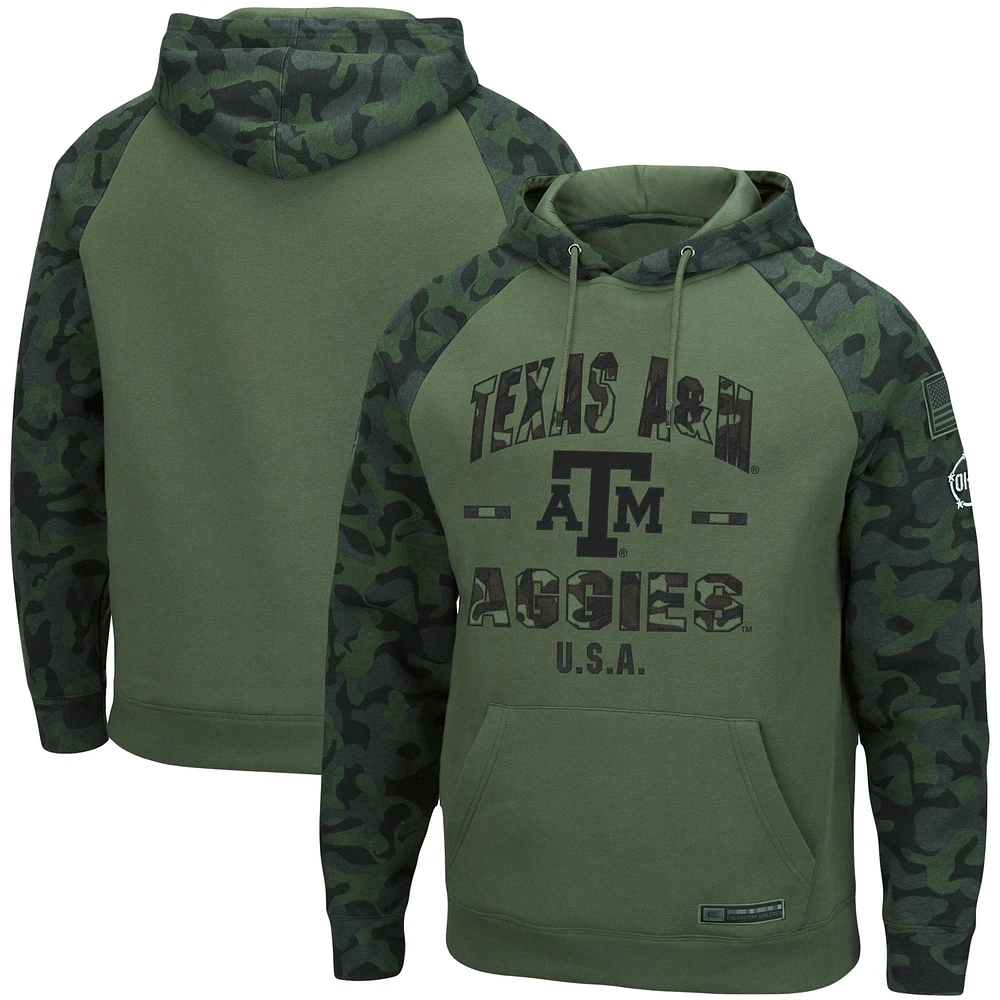 Men's Colosseum Olive/Camo Texas A&M Aggies OHT Military Appreciation Raglan Pullover Hoodie