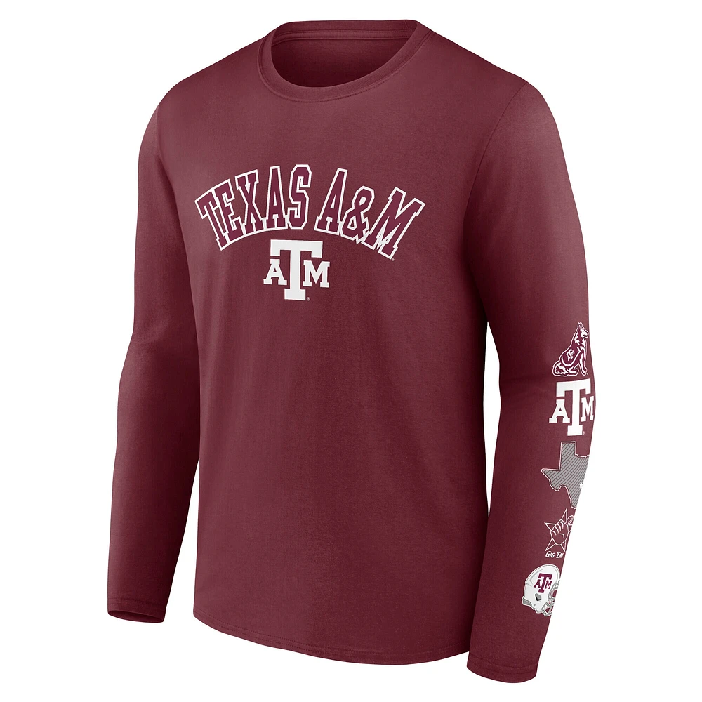 T-shirt à manches longues Fanatics pour homme avec badge Texas A&M Aggies Maroon