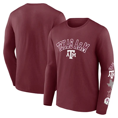 T-shirt à manches longues Fanatics pour homme avec badge Texas A&M Aggies Maroon