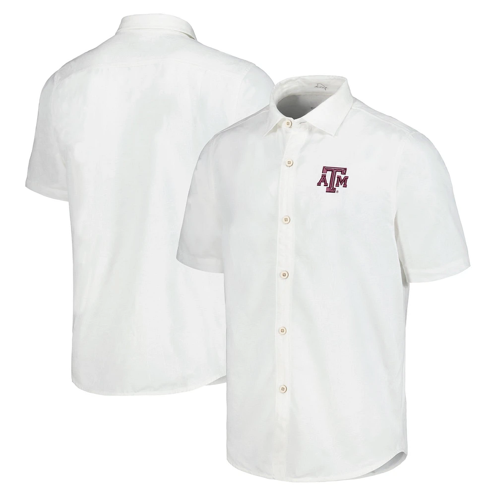 Chemise boutonnée Tommy Bahama blanche Texas A&M Aggies Coconut Point Palm Vista IslandZone Camp pour hommes