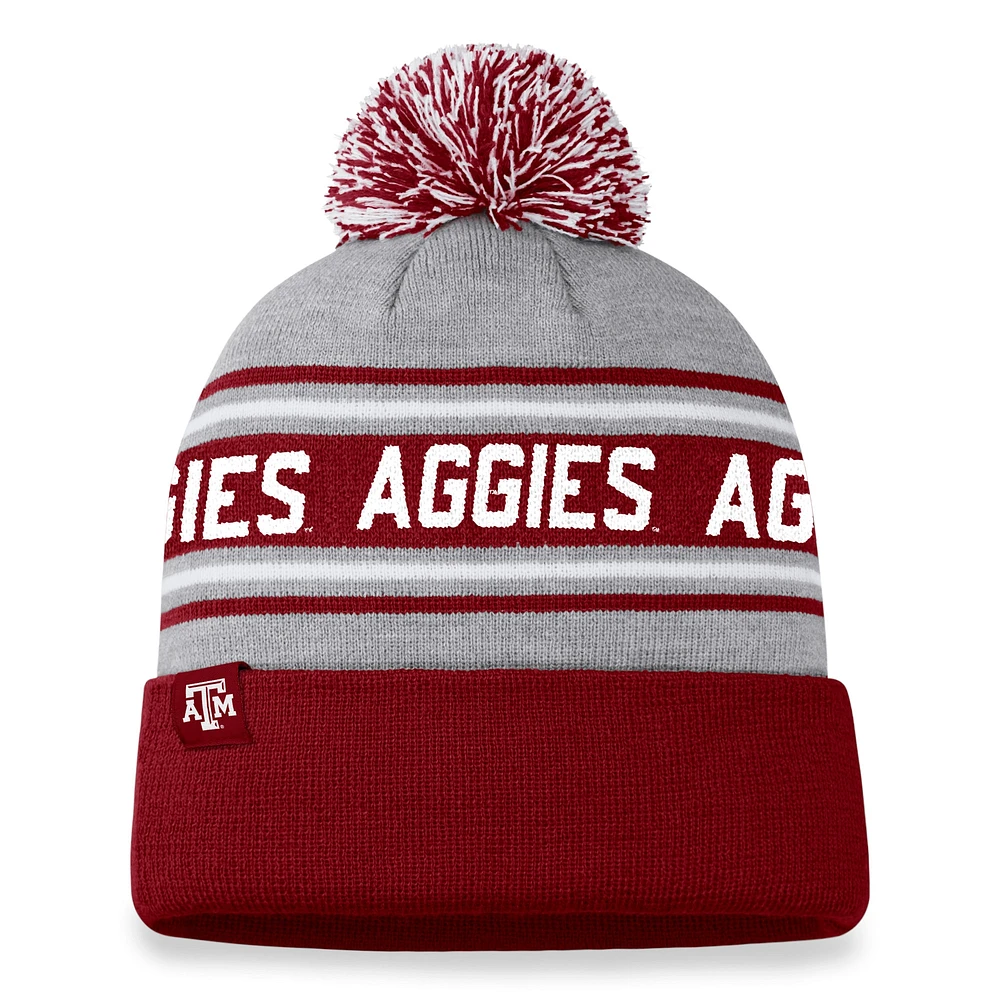 Bonnet en tricot à revers Frigid Texas A&M Aggies Top of the World Heather Grey pour hommes avec pompon