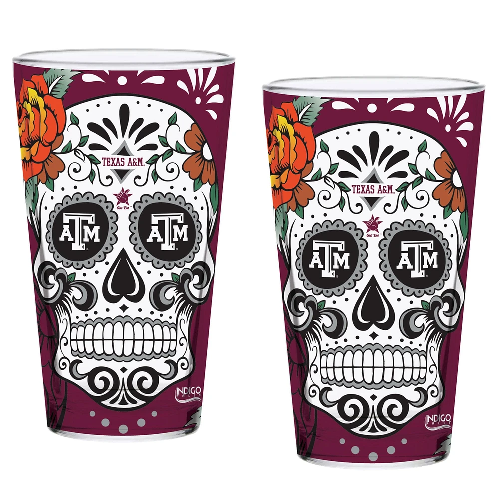 Texas A&M Aggies, paquet de deux 16 oz. Ensemble de verres à pinte Dia De Los Muertos