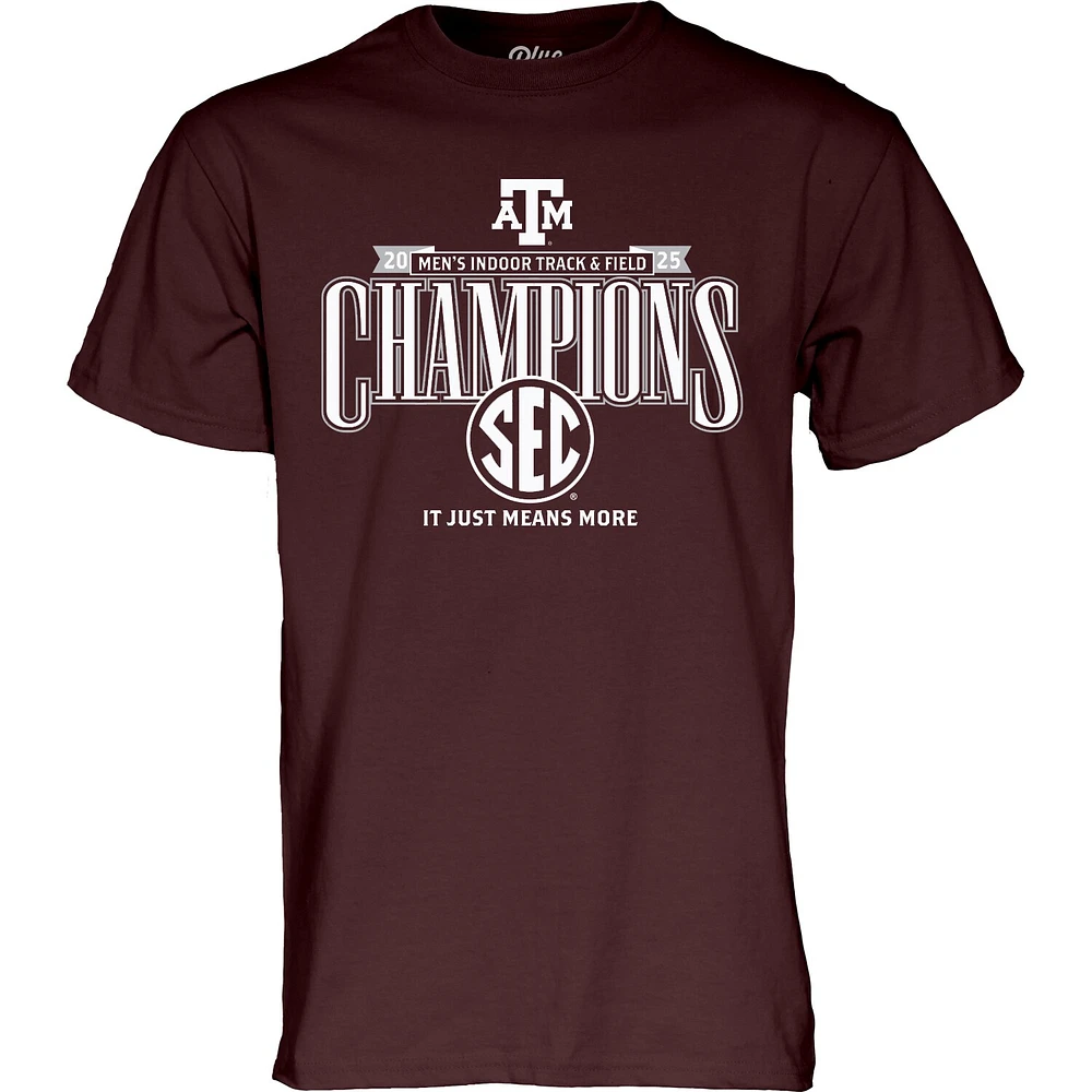 T-shirt unisexe bleu 84 marron Texas A&M Aggies 2025 SEC pour hommes Champions d'athlétisme en salle vestiaires